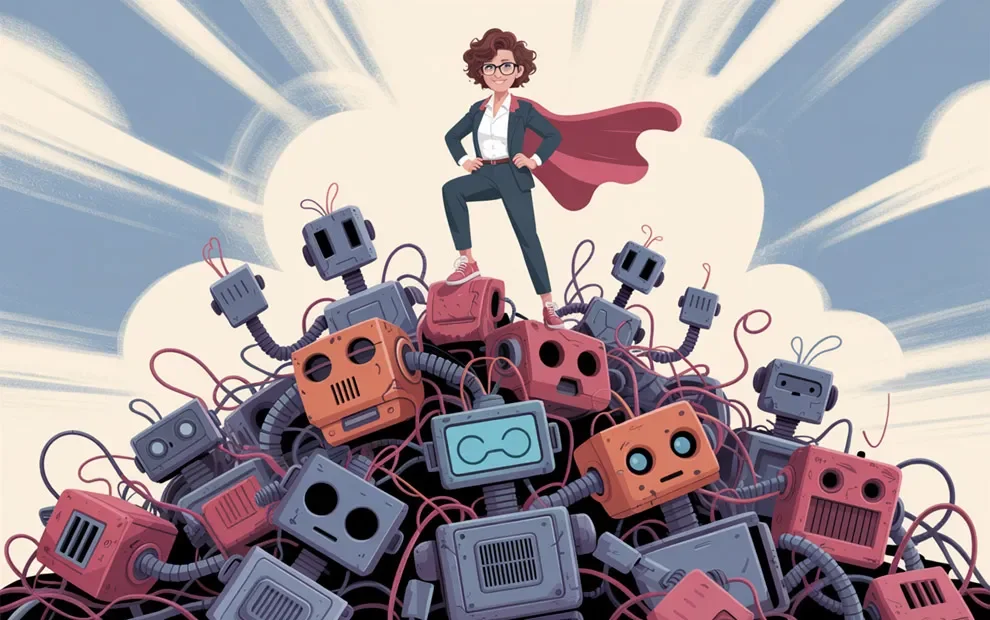 A saleswoman standing on top of AI bots