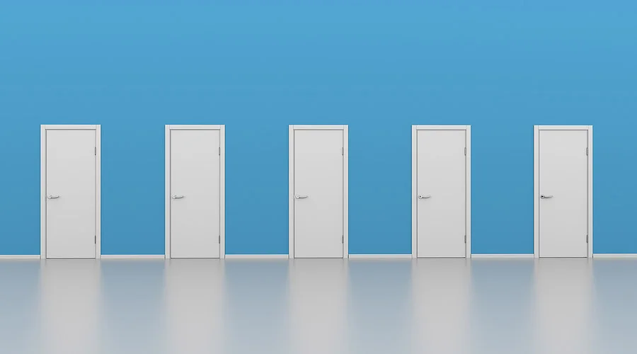 Five Closed White Doors with Blue Wall. Choice or Decision Makin